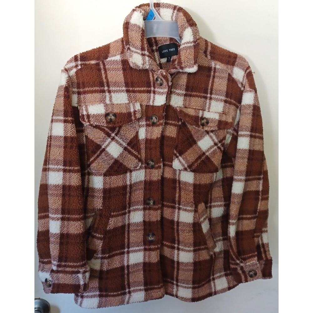 Love Tree Shacket Women Sz S Brown Plaid Teddy Fleece Faux Fur Button Up Jacket